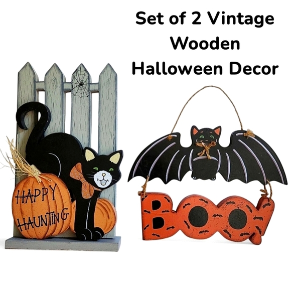 HALLOWEEN Other - Set of 2 Vintage Wooden Halloween Decor Scaredy Cat & Spooky Bat